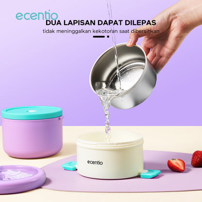 ecentio Kotak bekal stainless steel Double layer 730+550ml lunch box Tahan bocor Anti campur rasa Wadah makan Bento Besar Untuk kerja sekolah Dilengkapi kotak saus & sendok