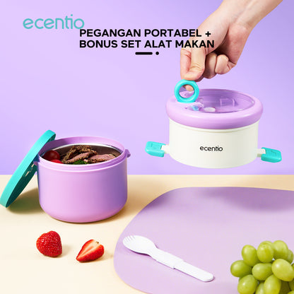 ecentio Kotak bekal stainless steel Double layer 730+550ml lunch box Tahan bocor Anti campur rasa Wadah makan Bento Besar Untuk kerja sekolah Dilengkapi kotak saus & sendok