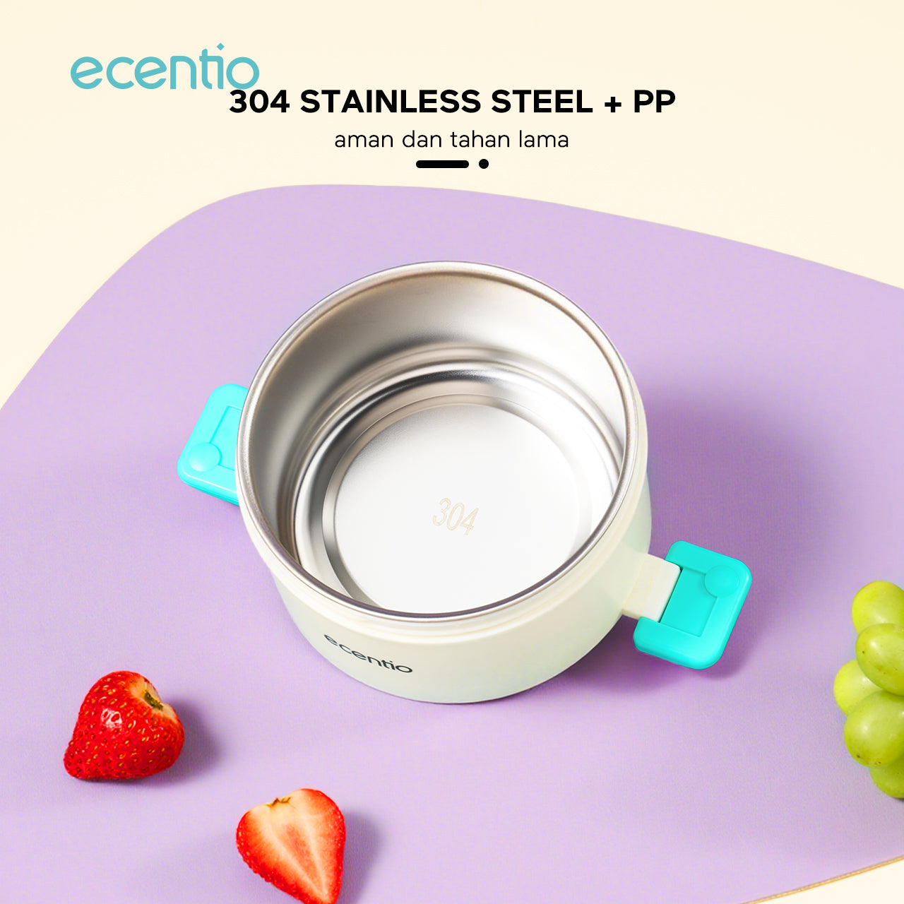 ecentio Kotak bekal stainless steel Double layer 730+550ml lunch box Tahan bocor Anti campur rasa Wadah makan Bento Besar Untuk kerja sekolah Dilengkapi kotak saus & sendok