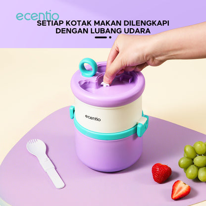 ecentio Kotak bekal stainless steel Double layer 730+550ml lunch box Tahan bocor Anti campur rasa Wadah makan Bento Besar Untuk kerja sekolah Dilengkapi kotak saus & sendok