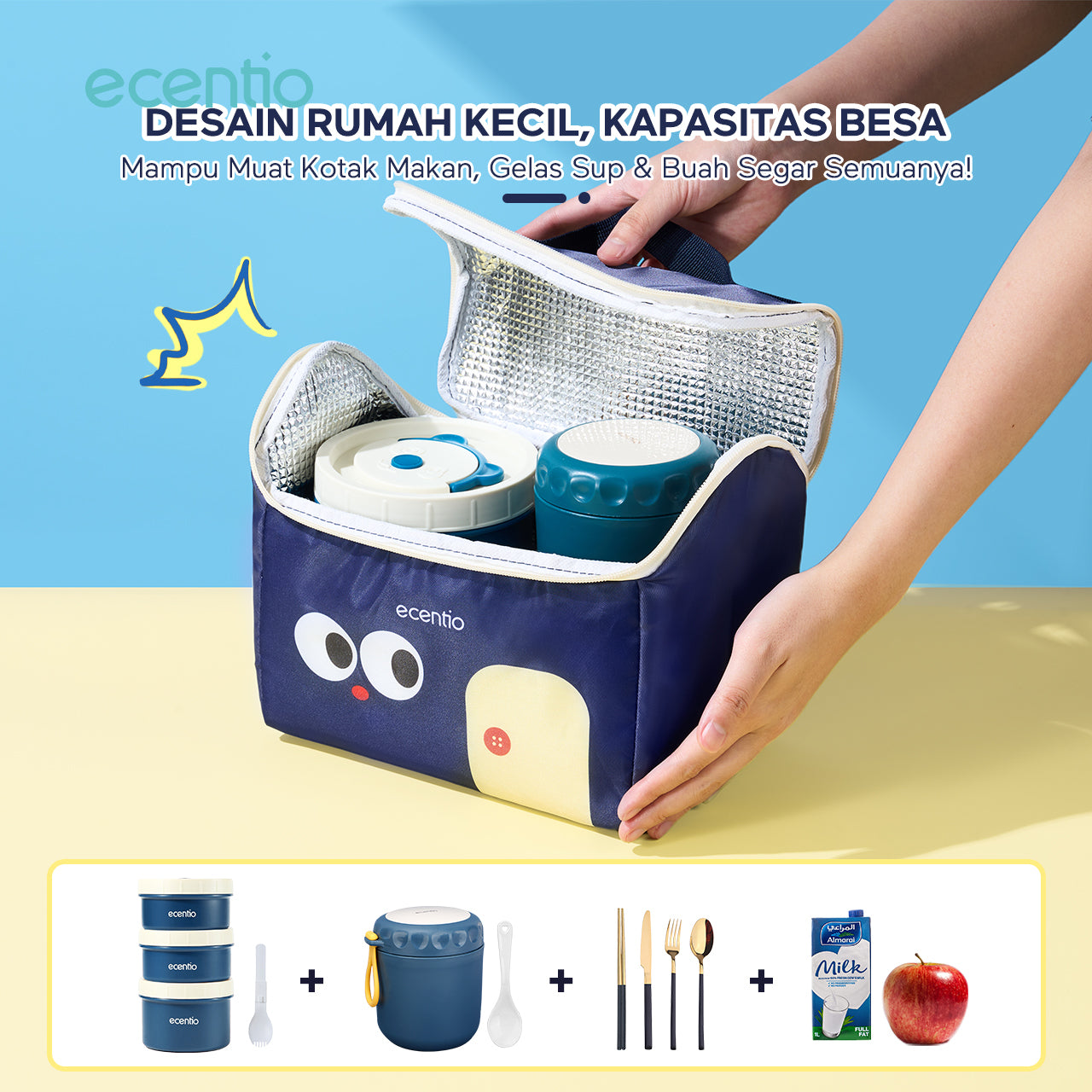 ecentio lunch bag besar Desain Orisinil tas bekal anak sekolah lucu aesthetic portable Bahan tahan air + aluminium foil EPE berinsulasi