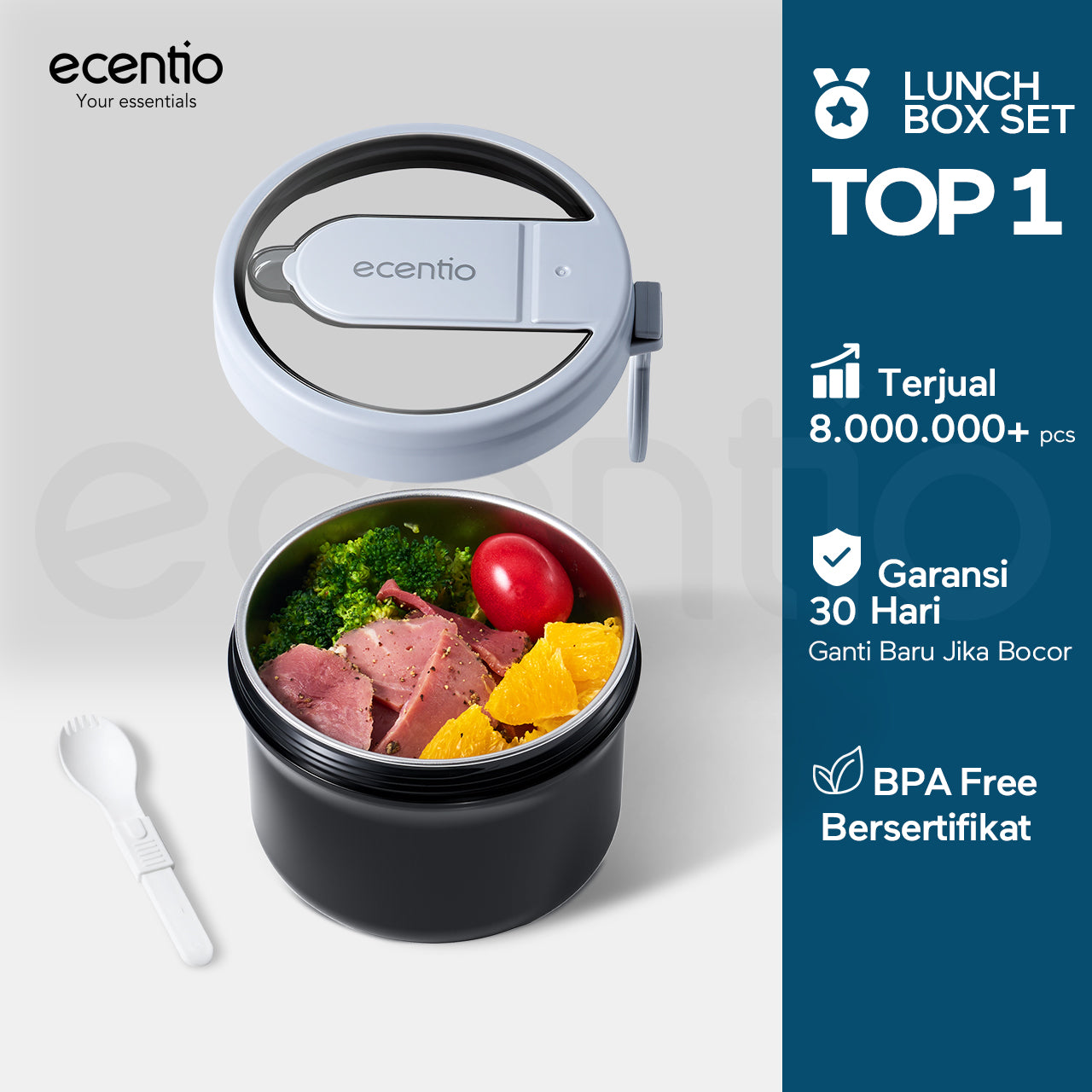 【Buy 1 Get 5】ecentio Bekal Set 5in1 — Lunch Box 3 Sekat 1100ml + Botol Infuser 500ml + Tas Bekal + Soup pot 304 stainless steel+Ice Tray 32 Grid