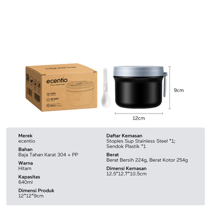 ecentio Soup pot 304 stainless steel Hitam 640ml Mangkuk serbaguna Peralatan Dapur untuk Keluarga