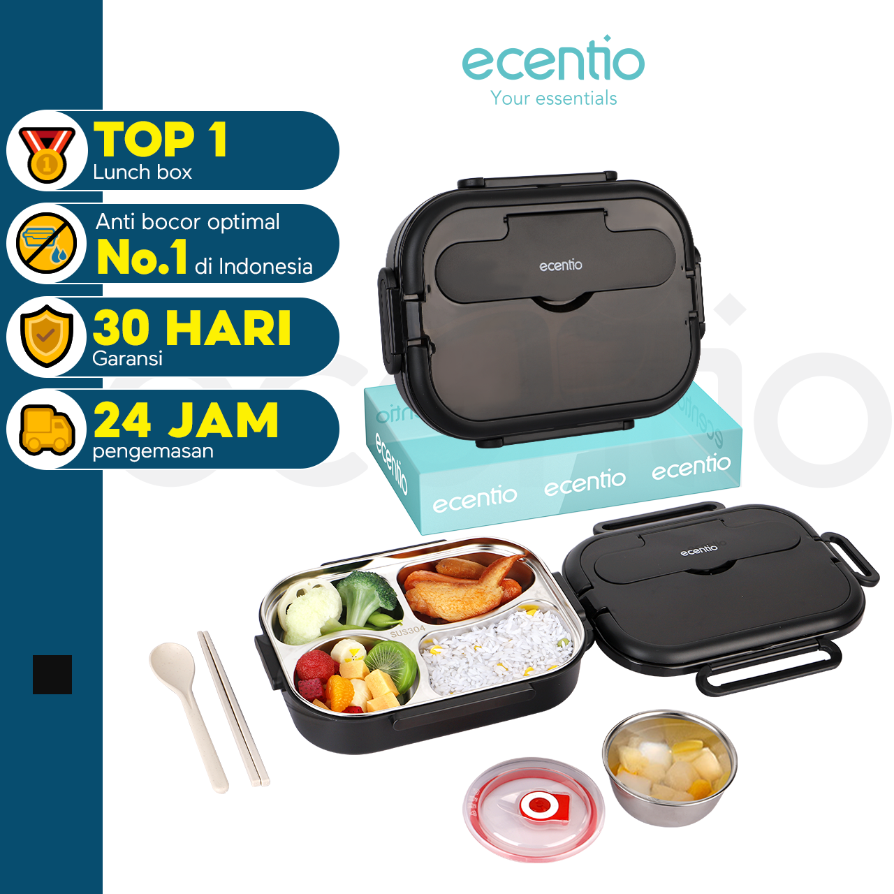 ecentio Anti Tumpah lunch box Kotak Makan stainless steel 1000ml Tas Bekal 3pcs set