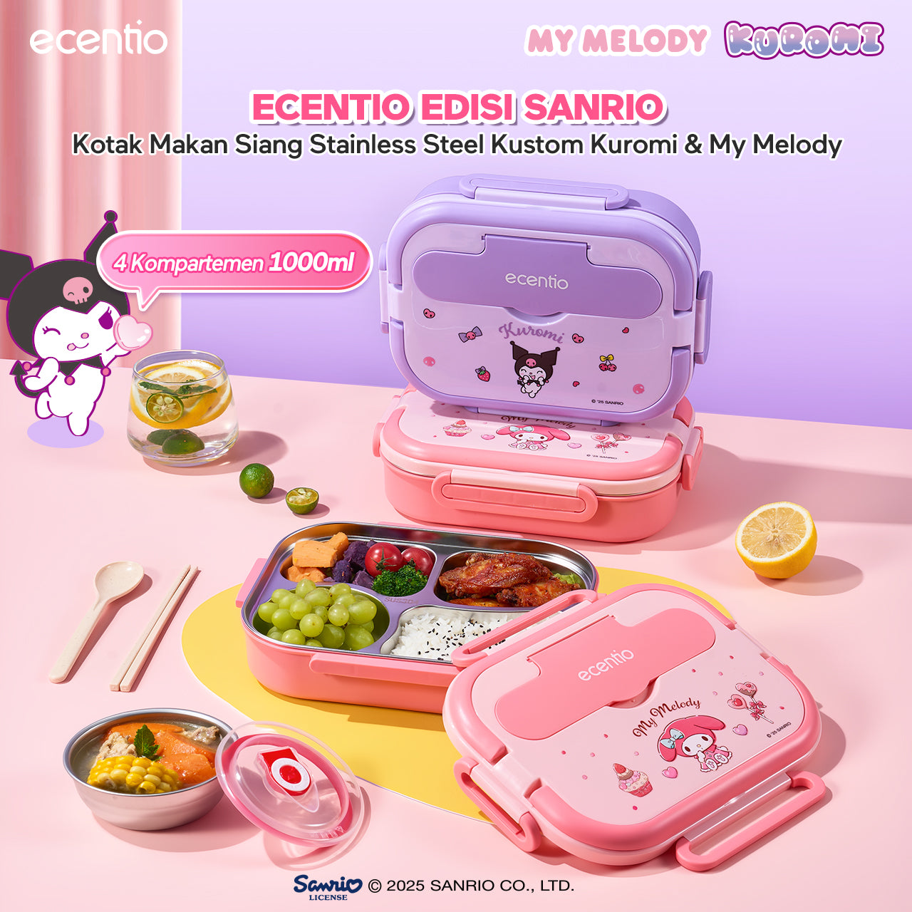 【Seri Resmi Sanrio】ecentio Kotak Bekal 4 Grid Stainless Steel 304 1000ml Bento Box Kapasitas Besar Kedap & Anti Bocor Kotak Makan Khusus untuk Kerja & Sekolah Dilengkapi garpu & sendok