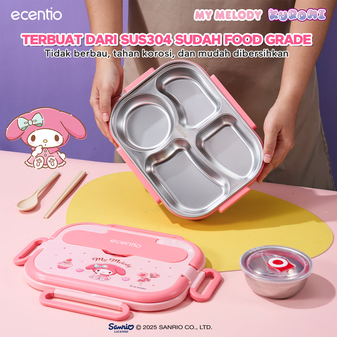 【Seri Resmi Sanrio】ecentio Kotak Bekal 4 Grid Stainless Steel 304 1000ml Bento Box Kapasitas Besar Kedap & Anti Bocor Kotak Makan Khusus untuk Kerja & Sekolah Dilengkapi garpu & sendok