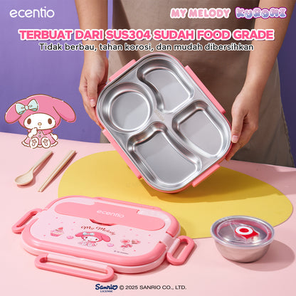 【Seri Resmi Sanrio】ecentio Kotak Bekal 4 Grid Stainless Steel 304 1000ml Bento Box Kapasitas Besar Kedap & Anti Bocor Kotak Makan Khusus untuk Kerja & Sekolah Dilengkapi garpu & sendok