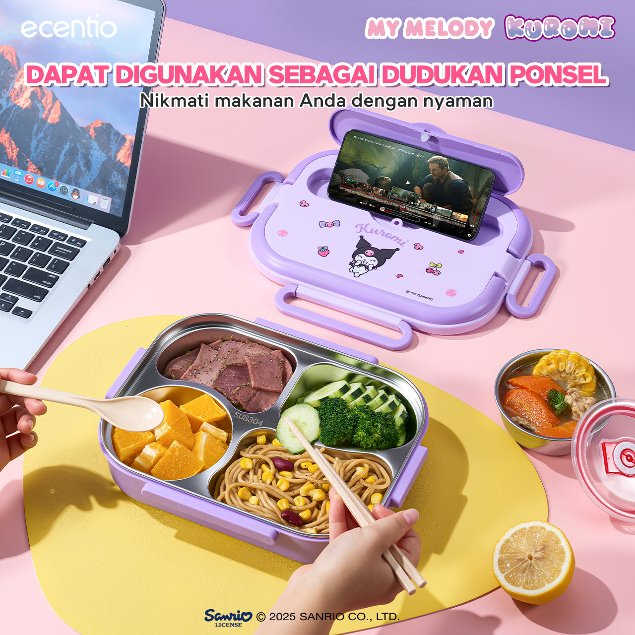 【Seri Resmi Sanrio】ecentio Kotak Bekal 4 Grid Stainless Steel 304 1000ml Bento Box Kapasitas Besar Kedap & Anti Bocor Kotak Makan Khusus untuk Kerja & Sekolah Dilengkapi garpu & sendok