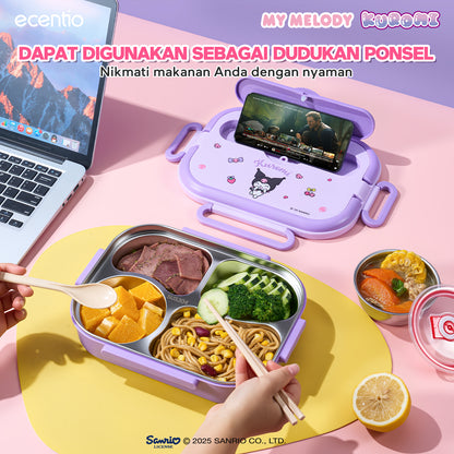 【Seri Resmi Sanrio】ecentio Kotak Bekal 4 Grid Stainless Steel 304 1000ml Bento Box Kapasitas Besar Kedap & Anti Bocor Kotak Makan Khusus untuk Kerja & Sekolah Dilengkapi garpu & sendok