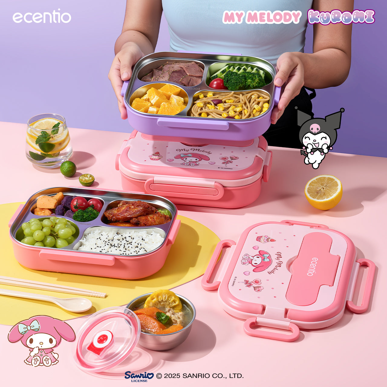 【Seri Resmi Sanrio】ecentio Kotak Bekal 4 Grid Stainless Steel 304 1000ml Bento Box Kapasitas Besar Kedap & Anti Bocor Kotak Makan Khusus untuk Kerja & Sekolah Dilengkapi garpu & sendok