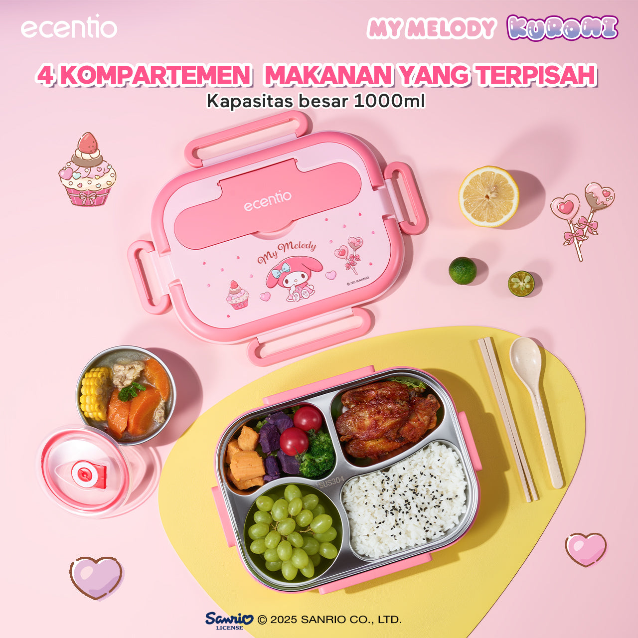 【Seri Resmi Sanrio】ecentio Kotak Bekal 4 Grid Stainless Steel 304 1000ml Bento Box Kapasitas Besar Kedap & Anti Bocor Kotak Makan Khusus untuk Kerja & Sekolah Dilengkapi garpu & sendok