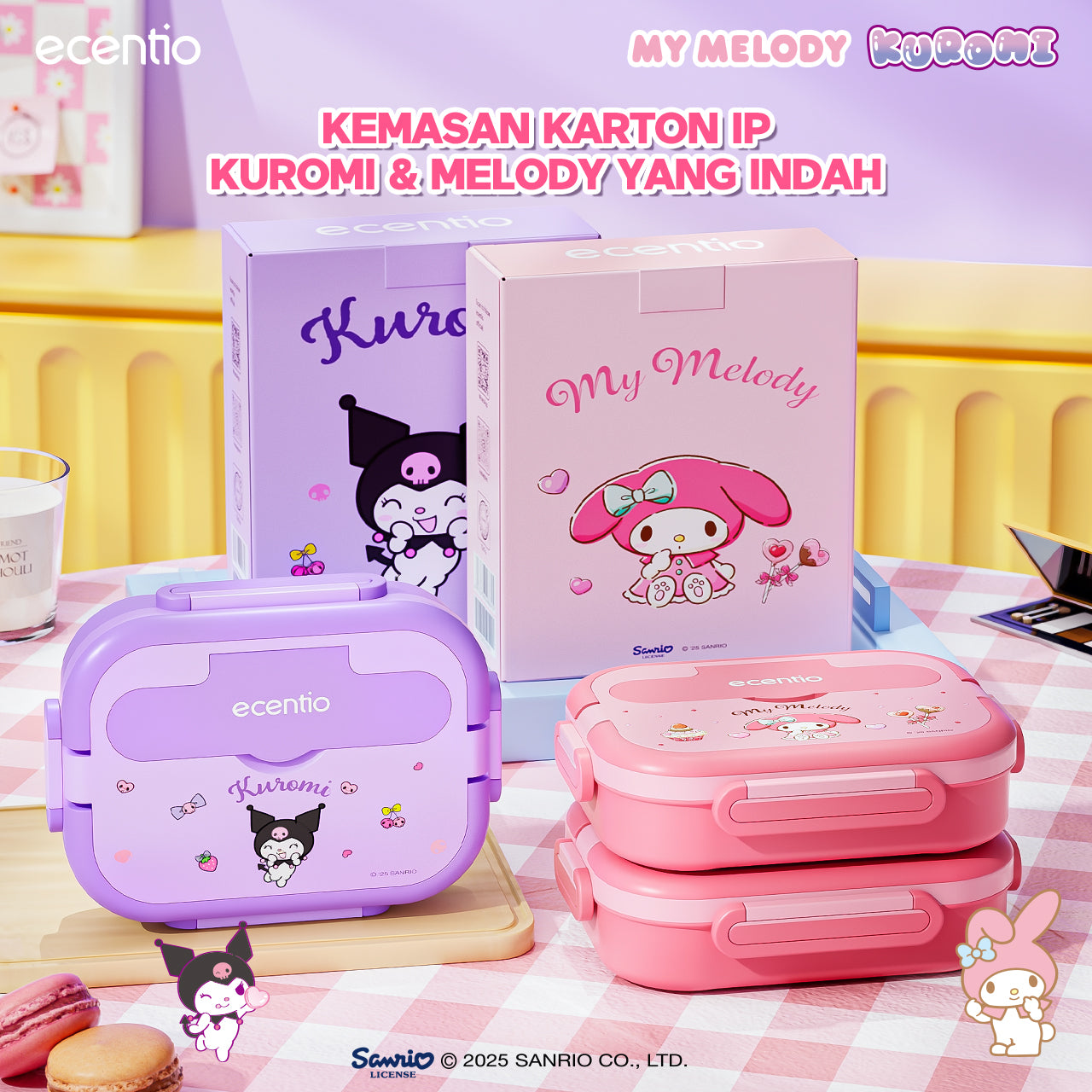 【Seri Resmi Sanrio】ecentio Kotak Bekal 4 Grid Stainless Steel 304 1000ml Bento Box Kapasitas Besar Kedap & Anti Bocor Kotak Makan Khusus untuk Kerja & Sekolah Dilengkapi garpu & sendok