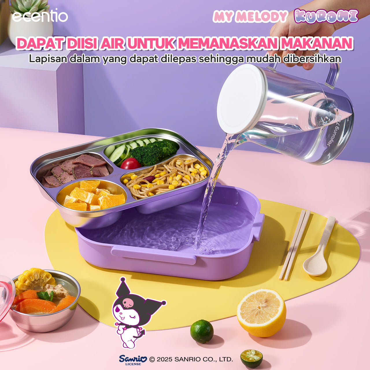 【Seri Resmi Sanrio】ecentio Kotak Bekal 4 Grid Stainless Steel 304 1000ml Bento Box Kapasitas Besar Kedap & Anti Bocor Kotak Makan Khusus untuk Kerja & Sekolah Dilengkapi garpu & sendok