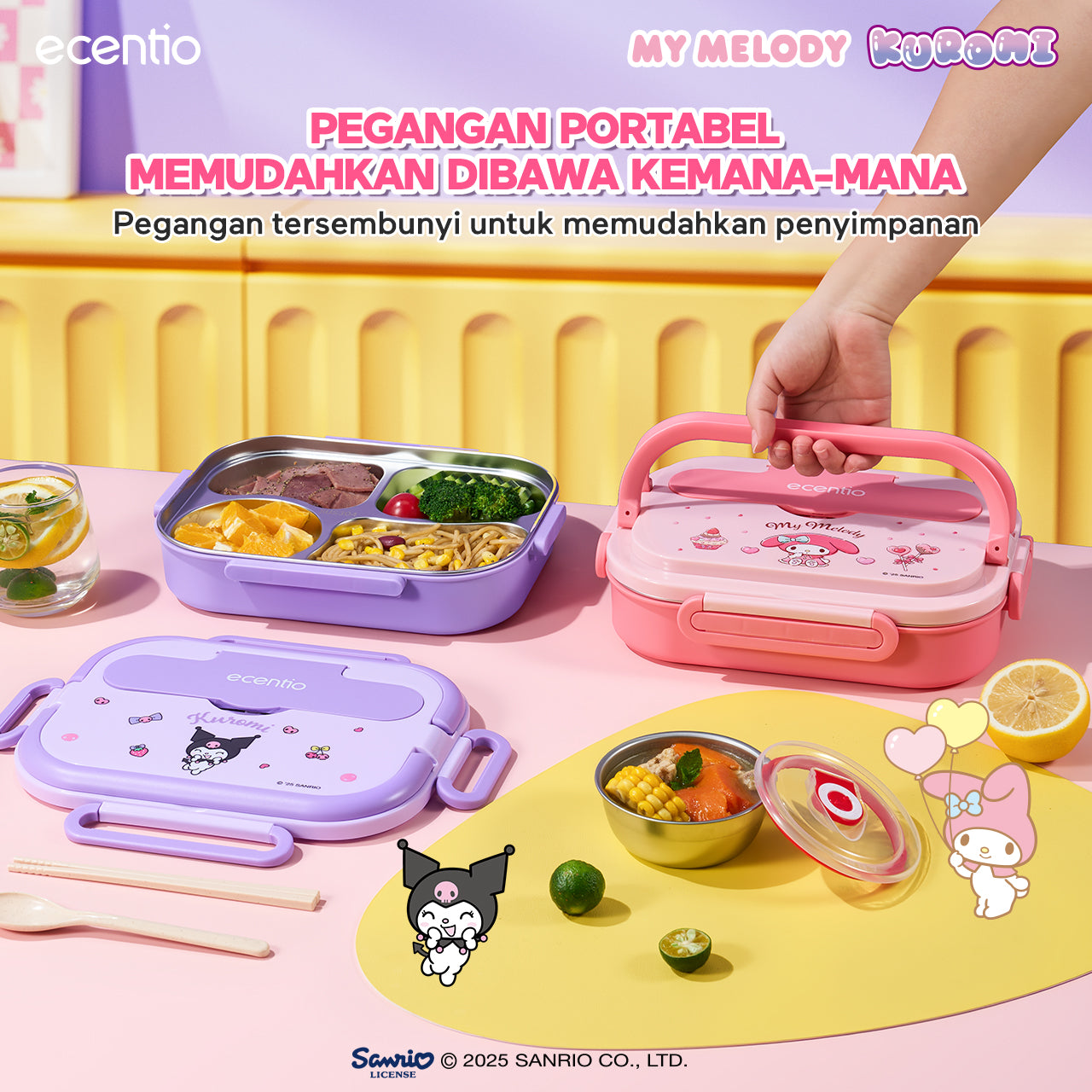 【Seri Resmi Sanrio】ecentio Kotak Bekal 4 Grid Stainless Steel 304 1000ml Bento Box Kapasitas Besar Kedap & Anti Bocor Kotak Makan Khusus untuk Kerja & Sekolah Dilengkapi garpu & sendok