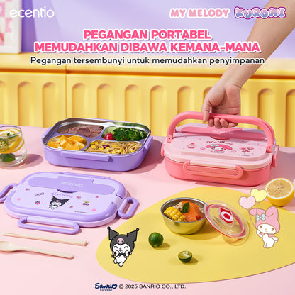 【Seri Resmi Sanrio】ecentio Kotak Bekal 4 Grid Stainless Steel 304 1000ml Bento Box Kapasitas Besar Kedap & Anti Bocor Kotak Makan Khusus untuk Kerja & Sekolah Dilengkapi garpu & sendok