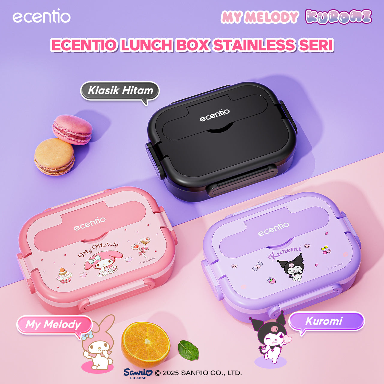 【Seri Resmi Sanrio】ecentio Kotak Bekal 4 Grid Stainless Steel 304 1000ml Bento Box Kapasitas Besar Kedap & Anti Bocor Kotak Makan Khusus untuk Kerja & Sekolah Dilengkapi garpu & sendok