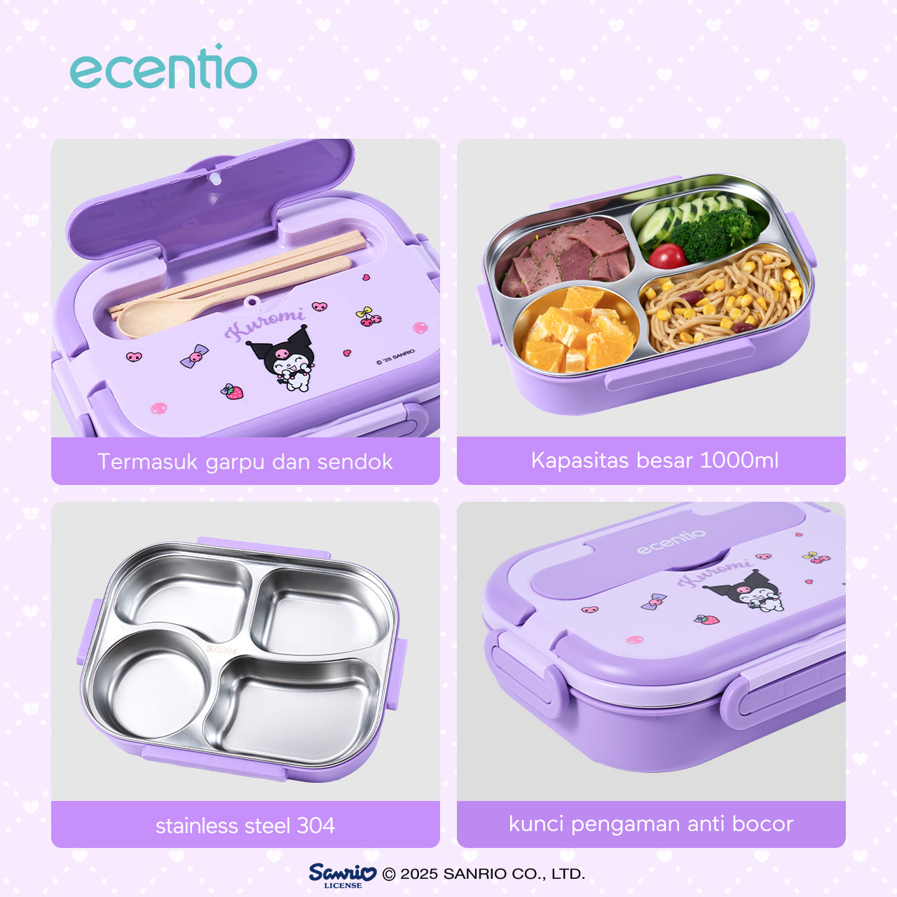 【Seri Resmi Sanrio】ecentio Kotak Bekal 4 Grid Stainless Steel 304 1000ml Bento Box Kapasitas Besar Kedap & Anti Bocor Kotak Makan Khusus untuk Kerja & Sekolah Dilengkapi garpu & sendok