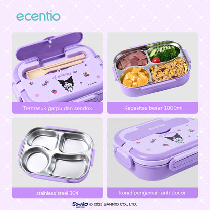 【Seri Resmi Sanrio】ecentio Kotak Bekal 4 Grid Stainless Steel 304 1000ml Bento Box Kapasitas Besar Kedap & Anti Bocor Kotak Makan Khusus untuk Kerja & Sekolah Dilengkapi garpu & sendok