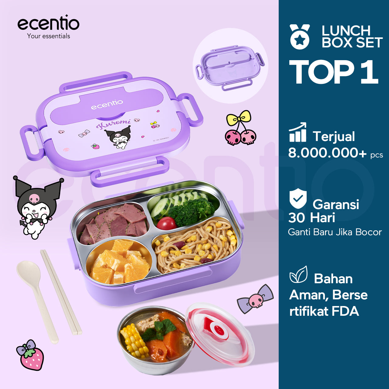 【Seri Resmi Sanrio】ecentio Kotak Bekal 4 Grid Stainless Steel 304 1000ml Bento Box Kapasitas Besar Kedap & Anti Bocor Kotak Makan Khusus untuk Kerja & Sekolah Dilengkapi garpu & sendok