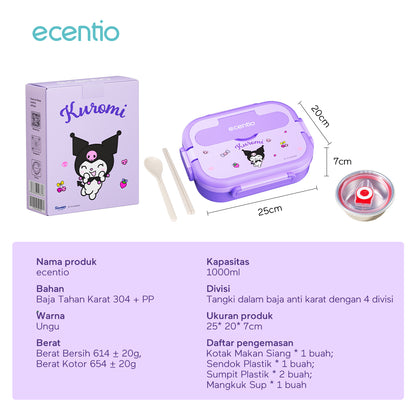 【Seri Resmi Sanrio】ecentio Kotak Bekal 4 Grid Stainless Steel 304 1000ml Bento Box Kapasitas Besar Kedap & Anti Bocor Kotak Makan Khusus untuk Kerja & Sekolah Dilengkapi garpu & sendok