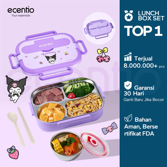 【Group discount】ecentio Lunch Box Stainless 1L + Tumbler Stainless 900ml ORI Sanrio | Anti Bocor, BPA Free, Tahan Dingin 24 Jam, Free Sendok & Sumpit