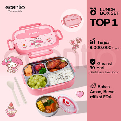 【Seri Resmi Sanrio】ecentio Kotak Bekal 4 Grid Stainless Steel 304 1000ml Bento Box Kapasitas Besar Kedap & Anti Bocor Kotak Makan Khusus untuk Kerja & Sekolah Dilengkapi garpu & sendok