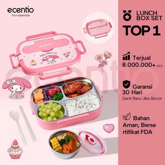 【Seri Resmi Sanrio】ecentio Kotak Bekal 4 Grid Stainless Steel 304 1000ml Bento Box Kapasitas Besar Kedap & Anti Bocor Kotak Makan Khusus untuk Kerja & Sekolah Dilengkapi garpu & sendok