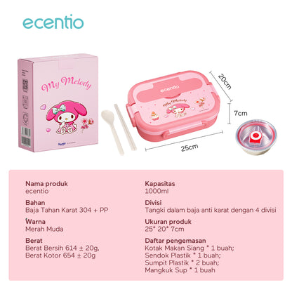 【Seri Resmi Sanrio】ecentio Kotak Bekal 4 Grid Stainless Steel 304 1000ml Bento Box Kapasitas Besar Kedap & Anti Bocor Kotak Makan Khusus untuk Kerja & Sekolah Dilengkapi garpu & sendok