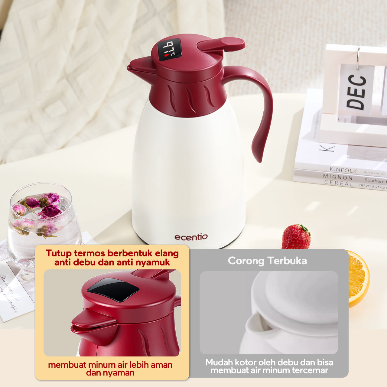 ecentio LED termos air panas Dingin 24 Jam 1L termos Air Panas Bayi Buat Susu aesthetic portable termos air panas pencet termos es batu tahan lama