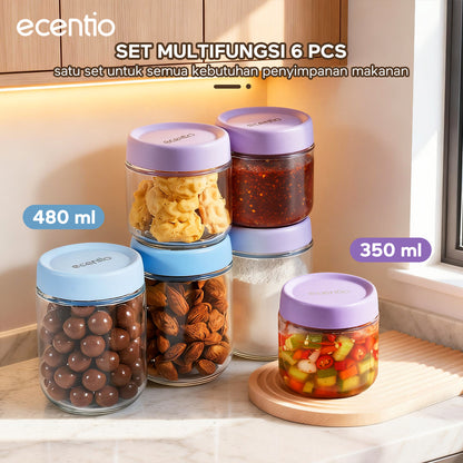 [New] ecentio toples aesthetic 6pcs 480ml*3 & 350ml*3 toples lebaran +Kemasan Snack*5pcs ramadan food jar kedap udara toples kue kering food container toples kedap udara Cocok untuk menyimpan makanan toples kaca