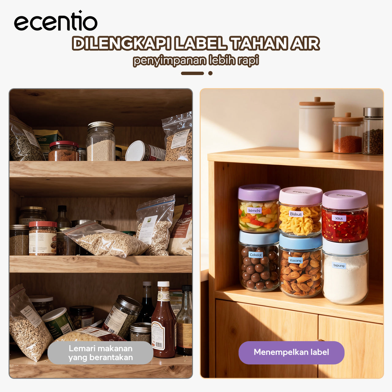 ecentio Paket Hemat Dapur & Minum｜Toples Kaca 6pcs + Botol Minum Aluminium 750ml + Label Morandi