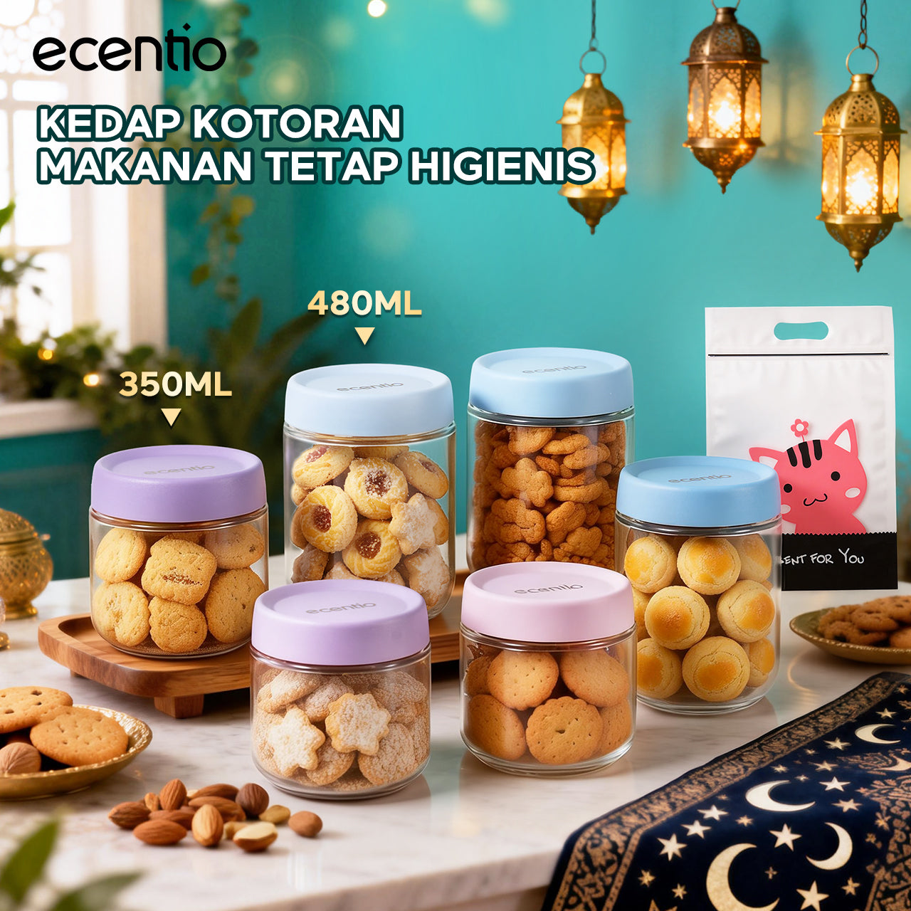 [New] ecentio toples aesthetic 6pcs 480ml*3 & 350ml*3 toples lebaran +Kemasan Snack*5pcs ramadan food jar kedap udara toples kue kering food container toples kedap udara Cocok untuk menyimpan makanan toples kaca