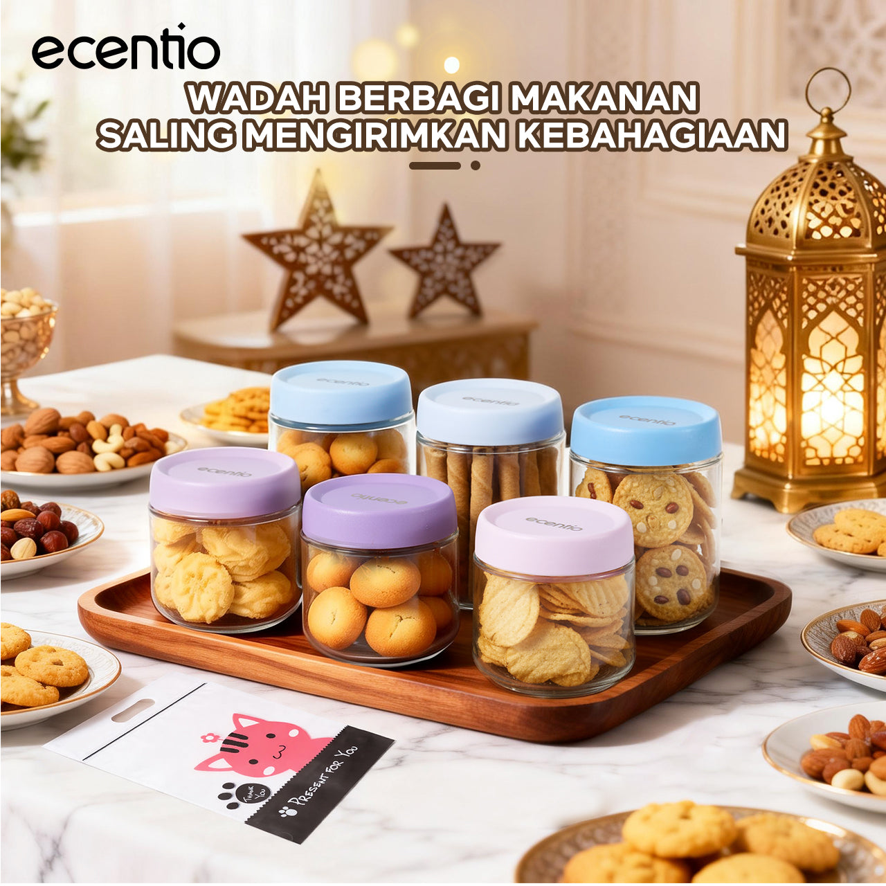 [New] ecentio toples aesthetic 6pcs 480ml*3 & 350ml*3 toples lebaran +Kemasan Snack*5pcs ramadan food jar kedap udara toples kue kering food container toples kedap udara Cocok untuk menyimpan makanan toples kaca