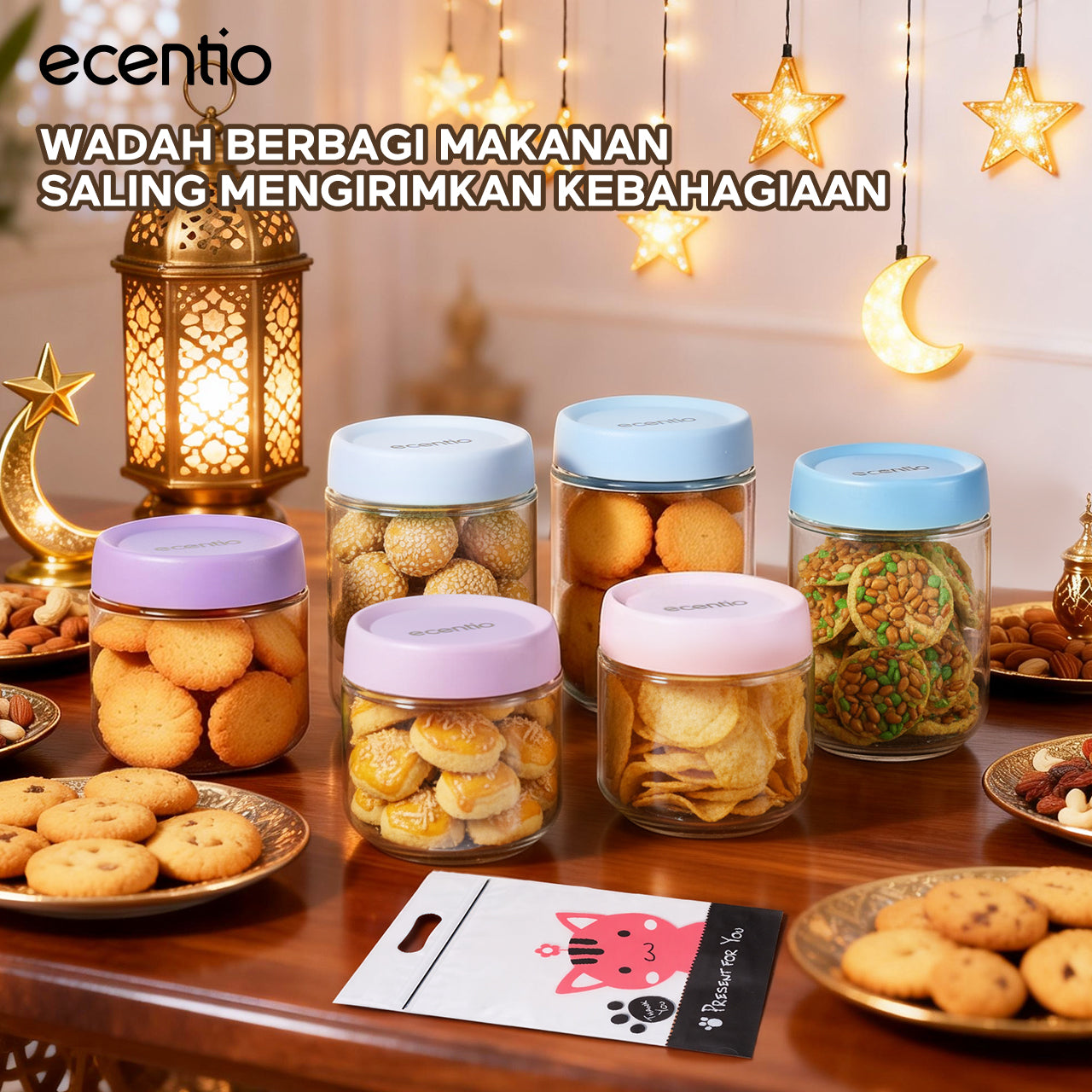 [New] ecentio toples aesthetic 6pcs 480ml*3 & 350ml*3 toples lebaran +Kemasan Snack*5pcs ramadan food jar kedap udara toples kue kering food container toples kedap udara Cocok untuk menyimpan makanan toples kaca