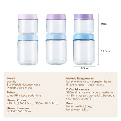 ecentio Paket Hemat Dapur & Minum｜Toples Kaca 6pcs + Botol Minum Aluminium 750ml + Label Morandi