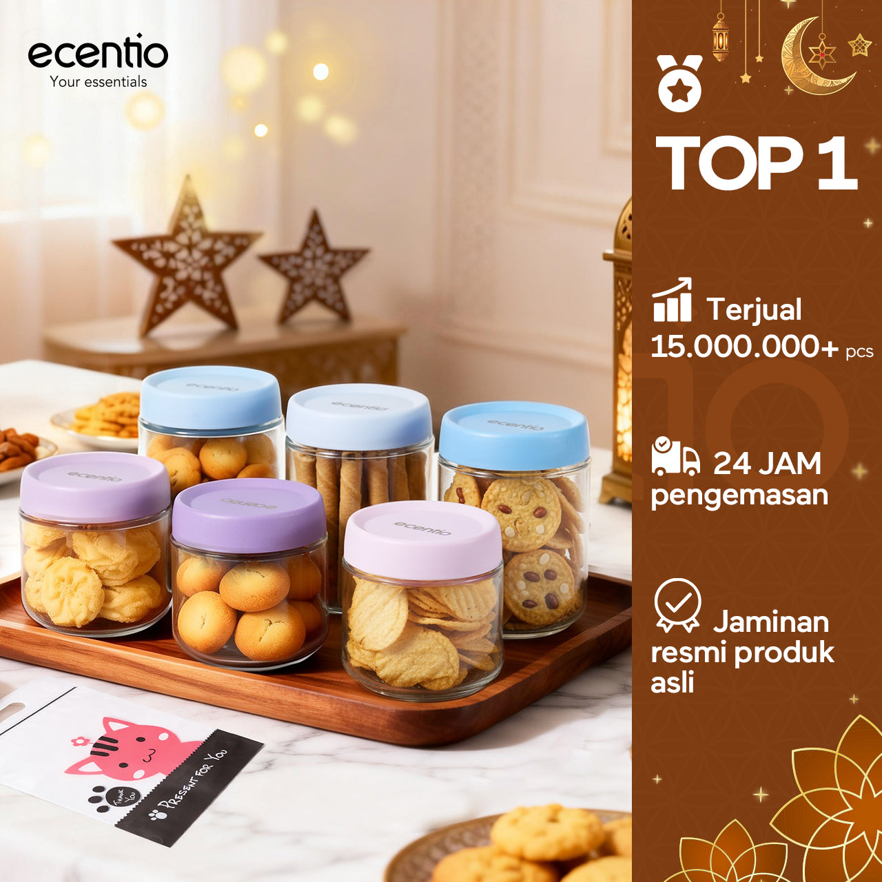 [New] ecentio toples aesthetic 6pcs 480ml*3 & 350ml*3 toples lebaran +Kemasan Snack*5pcs ramadan food jar kedap udara toples kue kering food container toples kedap udara Cocok untuk menyimpan makanan toples kaca