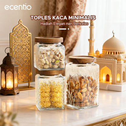 ecentio Paket Hemat Dapur Serbaguna｜Toples Kaca 3pcs + Piring Plastik Persegi 2pcs + Kantong Snack 6pcs