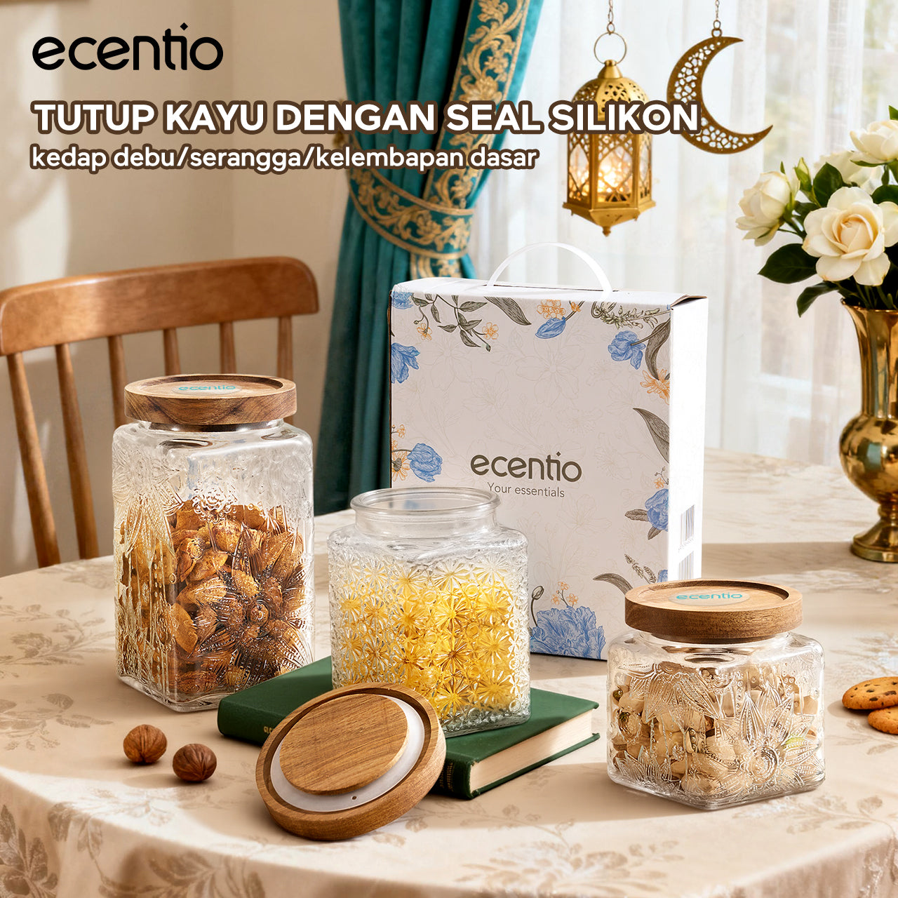 ecentio Paket Hemat Dapur Serbaguna｜Toples Kaca 3pcs + Piring Plastik Persegi 2pcs + Kantong Snack 6pcs