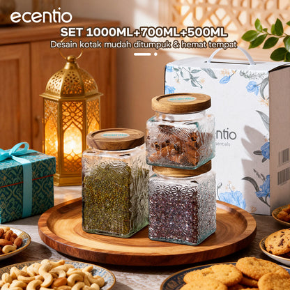 ecentio Paket Hemat Dapur Serbaguna｜Toples Kaca 3pcs + Piring Plastik Persegi 2pcs + Kantong Snack 6pcs