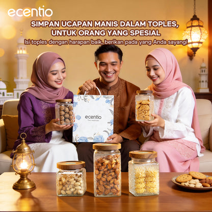 ecentio Paket Hemat Dapur Serbaguna｜Toples Kaca 3pcs + Piring Plastik Persegi 2pcs + Kantong Snack 6pcs