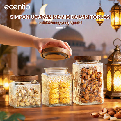 ecentio Paket Hemat Dapur Serbaguna｜Toples Kaca 3pcs + Piring Plastik Persegi 2pcs + Kantong Snack 6pcs