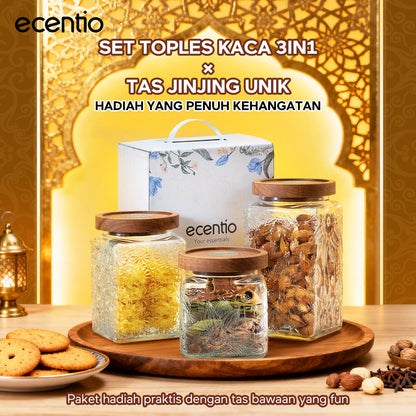 ecentio Paket Hemat Dapur Serbaguna｜Toples Kaca 3pcs + Piring Plastik Persegi 2pcs + Kantong Snack 6pcs
