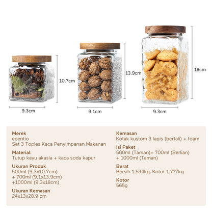 ecentio Paket Hemat Dapur Serbaguna｜Toples Kaca 3pcs + Piring Plastik Persegi 2pcs + Kantong Snack 6pcs