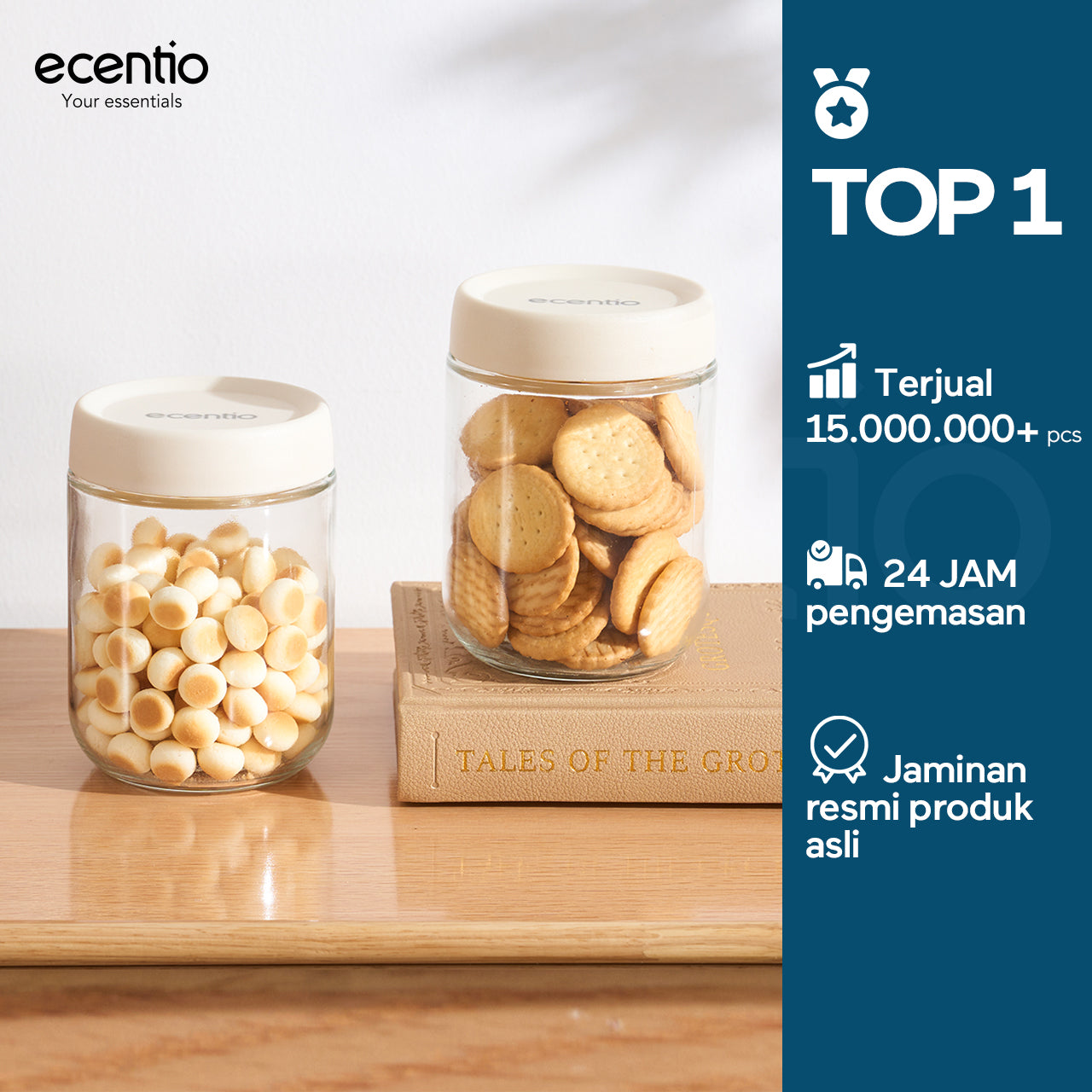 ecentio toples kaca 480ml single food container & food jar kedap udara toples penyimpanan makanan untuk kue kering snack dan bumbu dapur