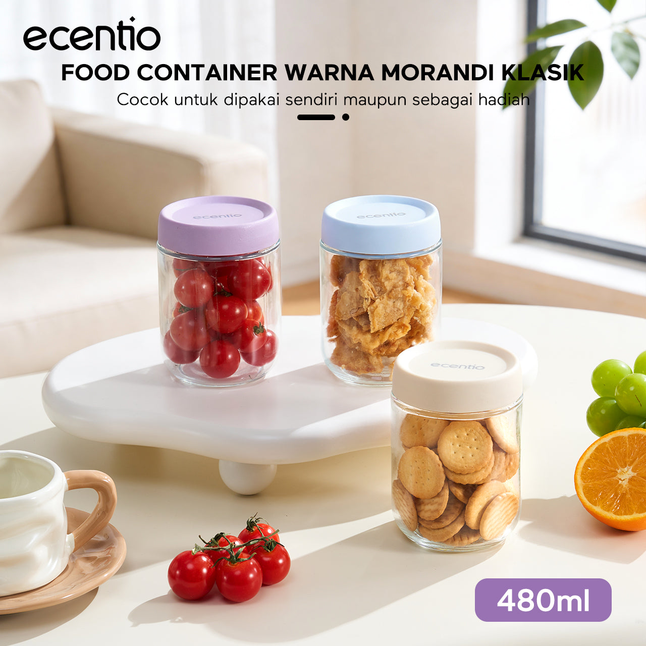 ecentio toples kaca 480ml single food container & food jar kedap udara toples penyimpanan makanan untuk kue kering snack dan bumbu dapur