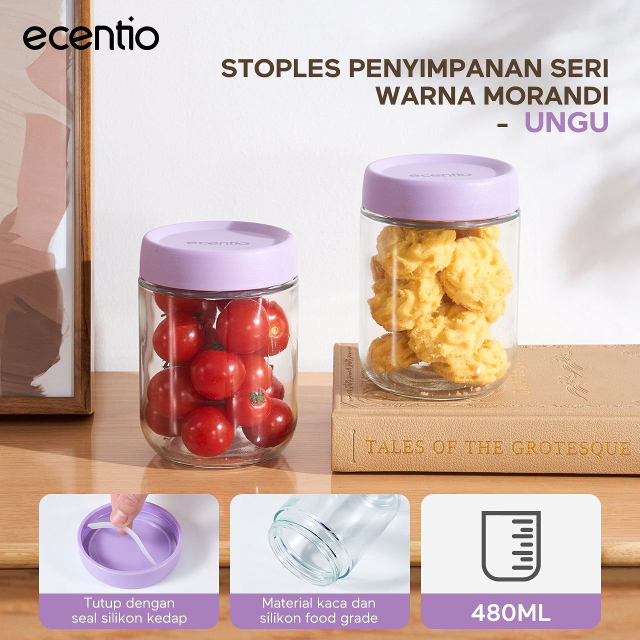 ecentio toples kaca 480ml single food container & food jar kedap udara toples penyimpanan makanan untuk kue kering snack dan bumbu dapur