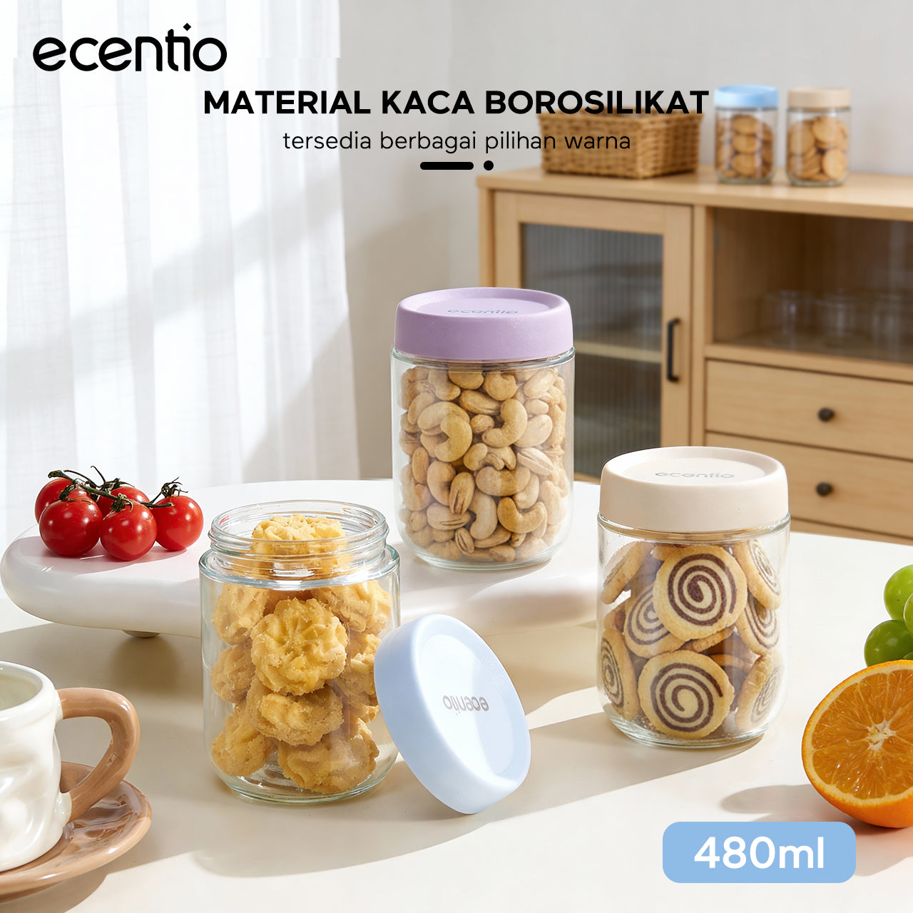 ecentio toples kaca 480ml single food container & food jar kedap udara toples penyimpanan makanan untuk kue kering snack dan bumbu dapur