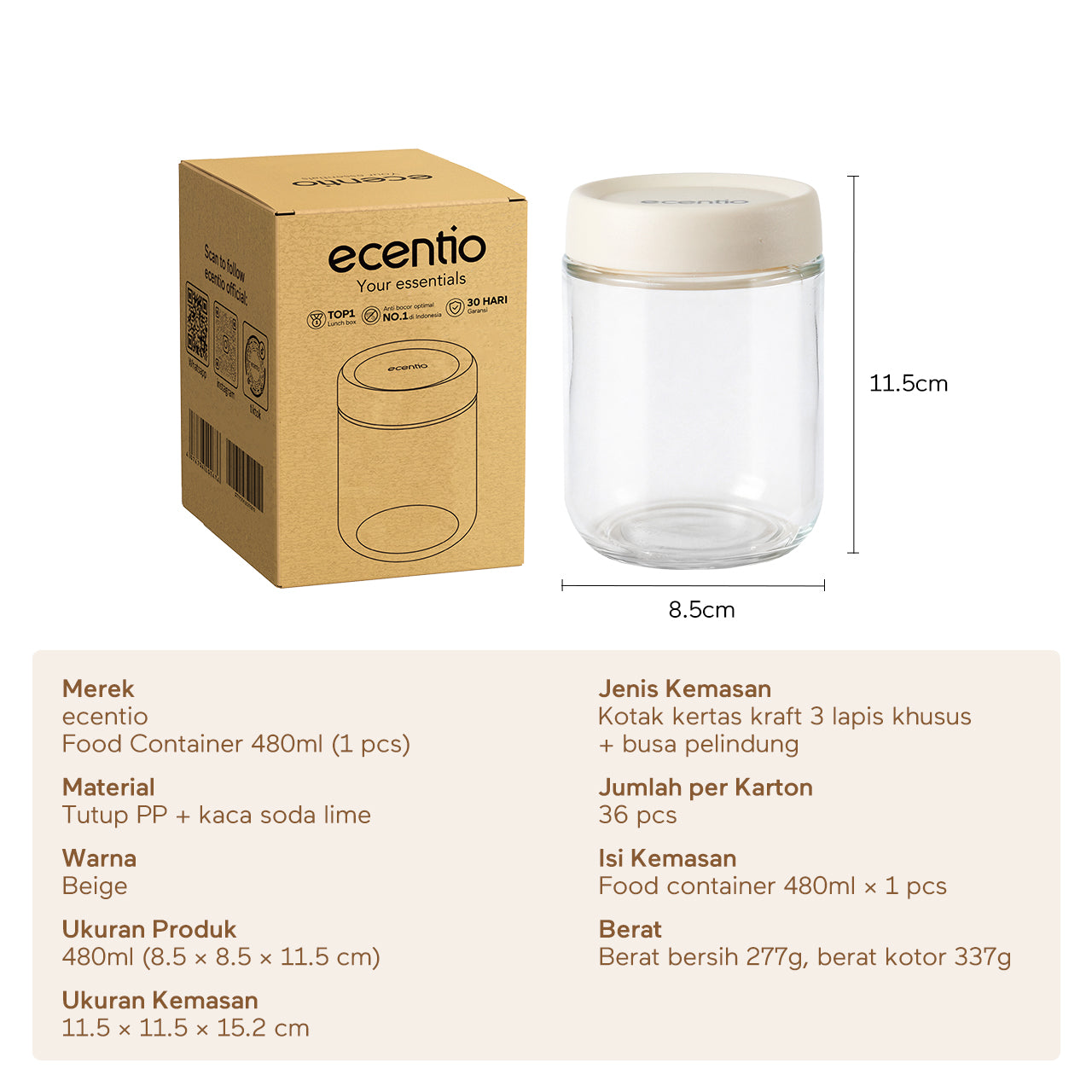 ecentio toples kaca 480ml single food container & food jar kedap udara toples penyimpanan makanan untuk kue kering snack dan bumbu dapur
