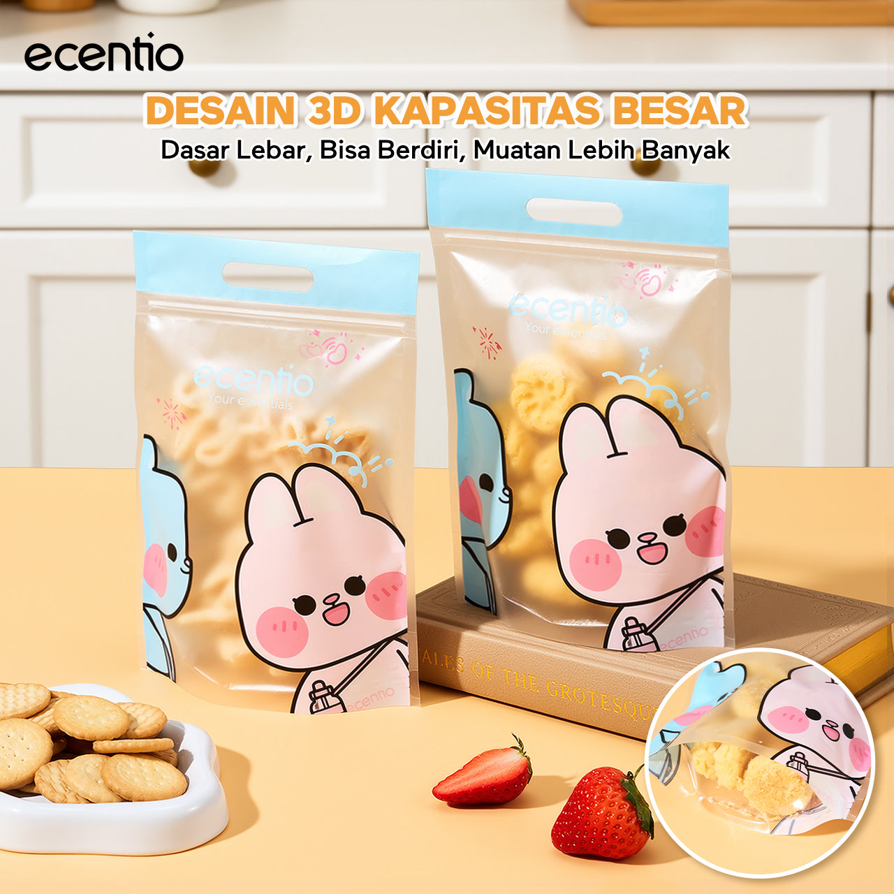 ecentio Paket Hemat Dapur Serbaguna｜Toples Kaca 3pcs + Piring Plastik Persegi 2pcs + Kantong Snack 6pcs