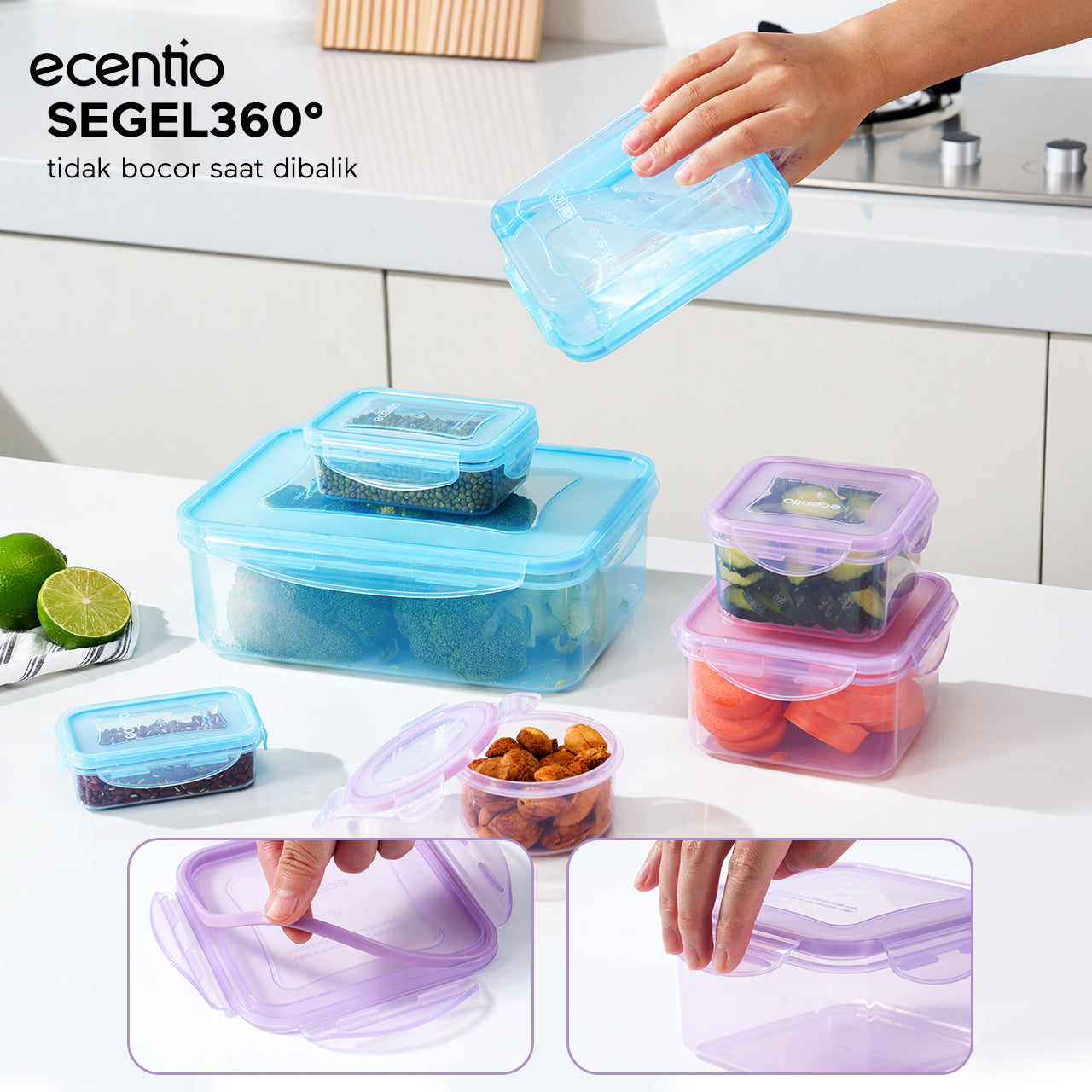 ecentio Ramadhan Kitchen Gift Set — Set Kotak Makan Anti Bocor 7pcs + Alat Penumbuk Bawang + Wajan Anti Lengket 16cm + Spatula & Sendok Silikon
